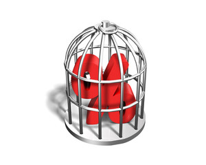 Red percentage sign in the silver cage, 3D illustration