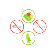Symbols flat design icons set. Vector infographics elements. For a healthy lifestyle and contra bad habits. Against smoking and drugs, for healthy food and active recreation.