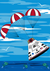 Cartoon Space Capsule with Parachutes - Splashdown