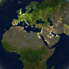 EMEA region at night on planet Earth