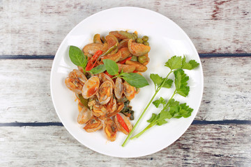 Stir fried clams  and eggplant with roasted chile paste.