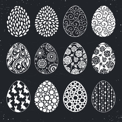 Hand drawn  Easter eggs collection with decor on black background.