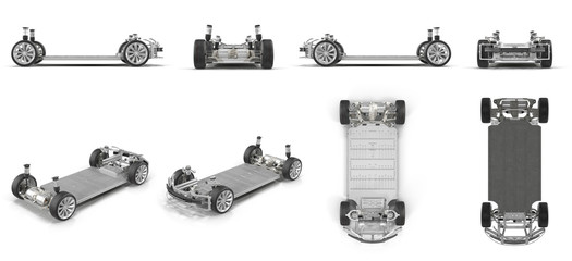 Electric car Chassis renders set from different angles on a white. 3D illustration - 140596395