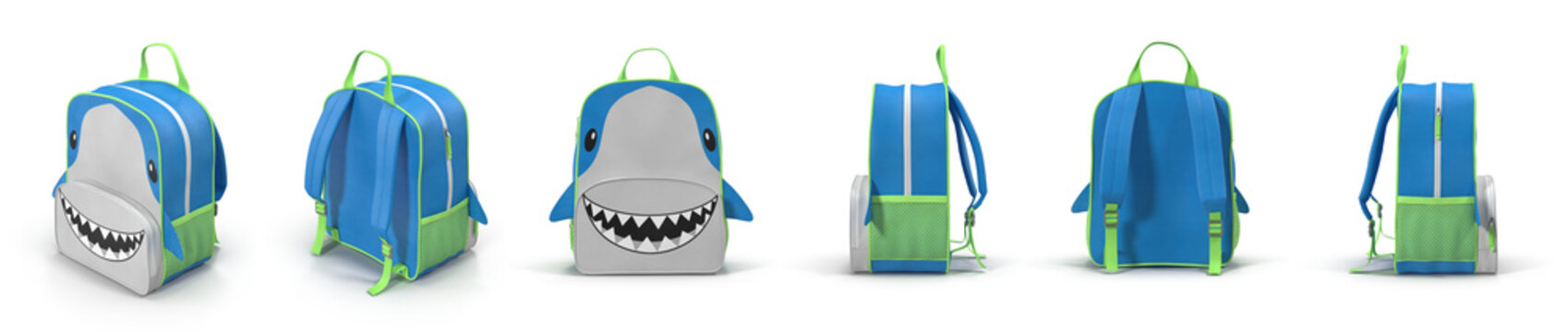 Boys Shark School Backpack renders set from different angles on a white. 3D illustration