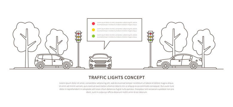 Traffic lights vector illustration. Street semaphores with cars creative line art concept. Electric stoplights (traffic lamps) graphic design.