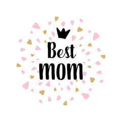 Happy Mothers's Day greeting card, poster with ink hand drawn stains, hearts. Vector background with hand lettering.