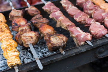 Beef and chicken kebab. Fresh meat at grill, bbq
