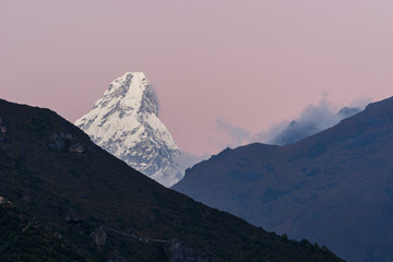 Ama Dablam mountain peak at twilight, Namche Bazaar, Everest region, Nepal