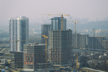 Several new high building construction with many yellow cranes