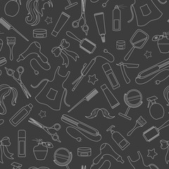 Seamless pattern on the theme of the Barber shop, the tools and accessories of the hairdresser, a simple contour icons, white contour on dark background