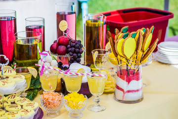 Delicious sweeties and beverages, staying on dessert table