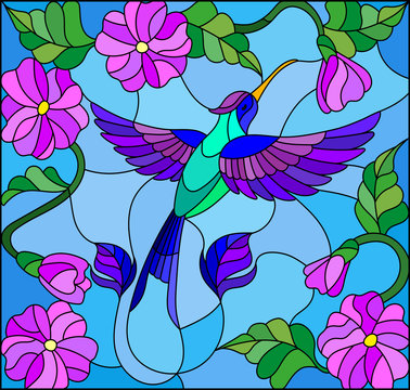 Illustration in stained glass style with colorful Hummingbird on background of the sky ,greenery and flowers