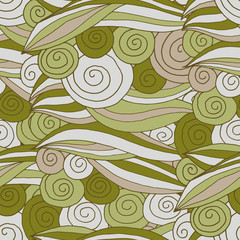 Vector seamless abstract hand-drawn pattern of lines and curls in gray-green color scheme