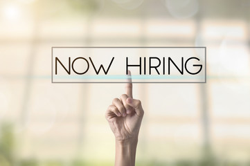 Businessman hand pressing button Now hiring. sign on virtual screen. business recruitment concept.