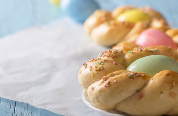 Easter sweet bread with colored  eggs