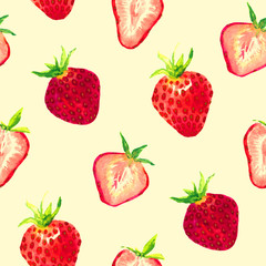 Strawberries and wild strawberries variety and cut slice, seamless pattern design hand painted watercolor illustration (soft yellow)