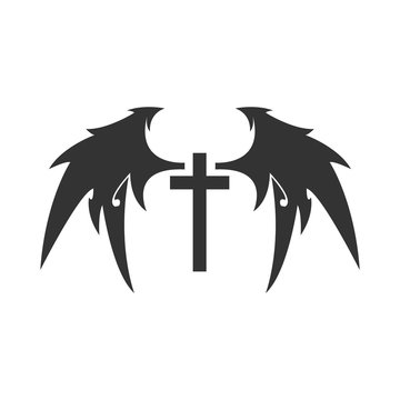 Cross and Devil Wing Vector Tattoo. Isolated