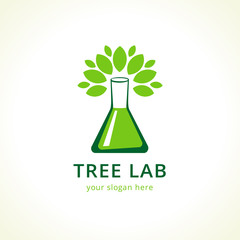 Natural lab logo. Green leaves, tree in a shape of testing flask. Tests, cosmetics, chemist's sign. Scientific environmental researches. Healthy life or products symbol. Pharmaceutical companies.