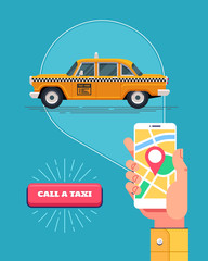 Male hand holds a phone with an running application to call a taxi. Concept of mobile public taxi service. Retro yellow taxicab. Vector illustration.