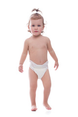 Baby girl wearing a diaper isolated on white