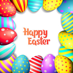 Happy Easter eggs and text on colored background with frame vector illustration