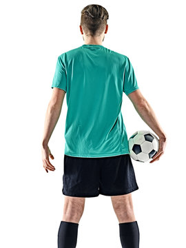 one caucasian soccer player man standing Rear View holding football isolated on white background