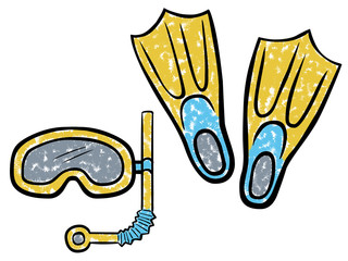 Farbige Zeichnung Taucherbrille, Schnorchel, Schwimmflossen / Vektor, freigestellt