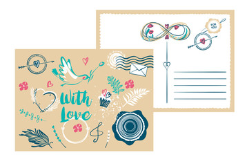 Freehand drawn typography postcard on color background. Stylish illustration with vector flower design for greeting cards, flyer, banner, poster, valentines day, save the date card. Text with love