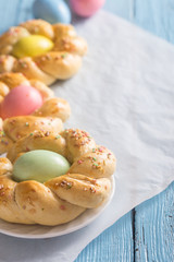 Easter sweet bread with colored eggs