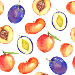 Peaches and plums variety with leaves and cut slices with pit, seamless pattern design hand painted watercolor illustration