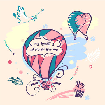 Stylish vector illustration balloon with flower design for greeting cards, posters, valentines day card, save the date card with text my heart is wherever you are
