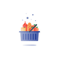 Food abundance, grocery order, food pile in basket, shop sale special offer icon