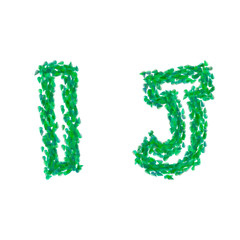 English alphabet made with green leaves, summer theme, letters I J