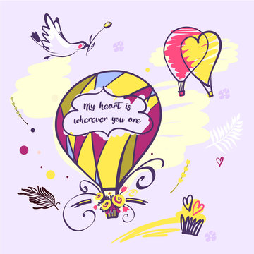 Image with text my heart is wherever you are. Balloon and bird illustration