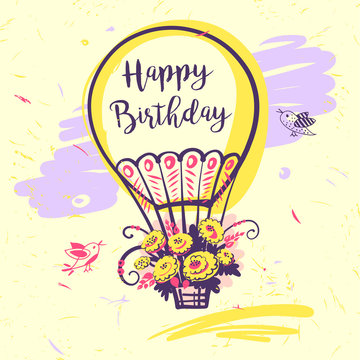 Image of vector color balloon with flower and text. Illustration for happy birthday