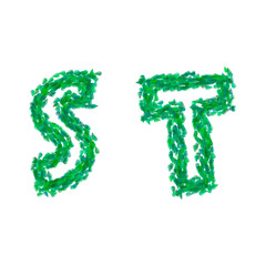 English alphabet made with green leaves, summer theme, letters S T