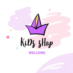 Welcome to kid shop. Hand drawn image with ship on white background