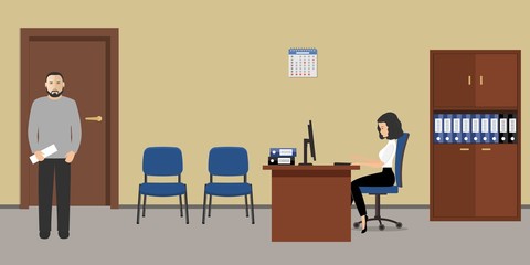 Office room in a beige color. The young woman and man are employees at work. There is furniture in a brown color and blue chairs in the picture. Vector flat illustration