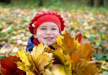 Little girl with autumn leaves in the park