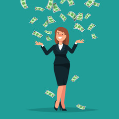Vector illustration of happy businesswoman celebrates success standing under money rain banknotes cash falling on blue background. Concept of success, achievement, wealth flat style