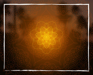 Shiny floral mandala on sunset tropic blurred background. Indian sacred geometry. For yoga studio, tantra or meditation classes and retreat. Banner, flyer, invitation. Vector EPS10 illustration.