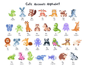 Funny characters alphabet. Cute cartoon baby animals collection with latin letters isolated on white background.