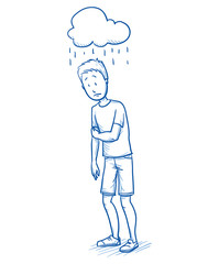 Sad young boy with a symbolic rain cloud over his head. Hand drawn cartoon doodle vector illustration.