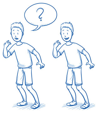 Young boy in surprised position in two emotions with speech bubble. Hand drawn cartoon doodle vector illustration.
