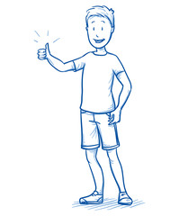Happy young boy showing thumb up. Hand drawn cartoon doodle vector illustration.