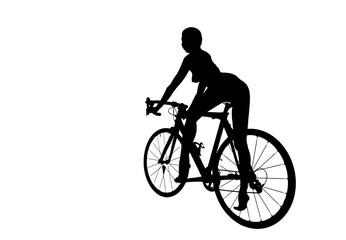 Silhouette of woman with a bicycle, isolated on white