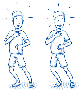 Surprised young boy in two emotions, happy, and startled. Hand drawn cartoon doodle vector illustration.