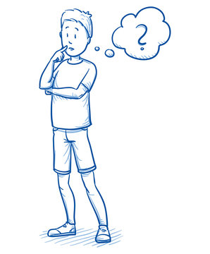 Young boy thinking about something, with question mark in a thought bubble. Hand drawn cartoon doodle vector illustration.