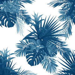 Hand drawn vector seamless tropical floral pattern with guzmania flowers, monstera and royal palm leaves. Exotic hawaiian fabric design.