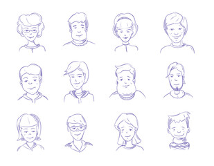 Doodle human heads, hand drawn adult portraits, sketch people characters vector set